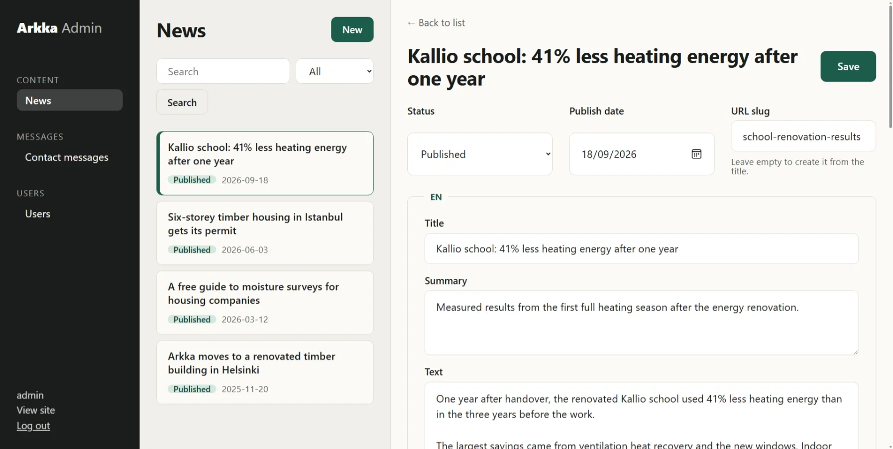 Yritysesimerkin ylläpito: uutislista ja editori kielikohtaisine kenttineen